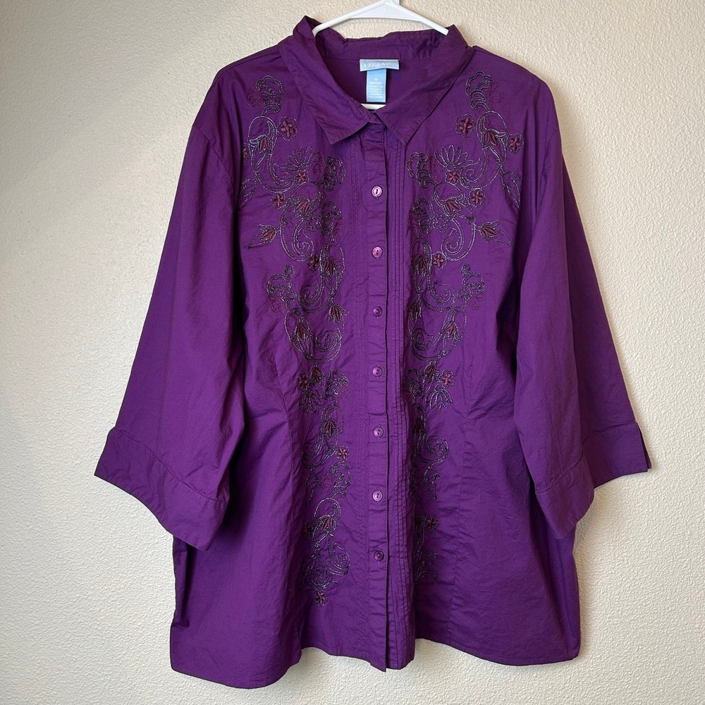Liz & Me Purple Embroidered Button Front 3/4 Sleeve Blouse Plus Size 3X 26/28W
